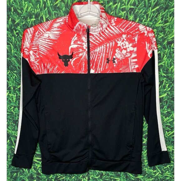 Under Armour Project Rock Aloha Print Full Zip Track Jacket Mens Large Red Black - Picture 2 of 6